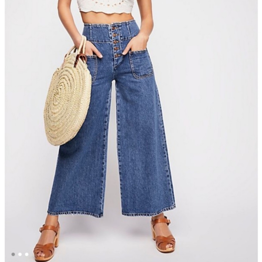 Free People High-Rise Wide Leg Button-Front Denim in Blue